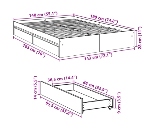 Cama con cajones madera ingeniería gris hormigón 140x200 cm