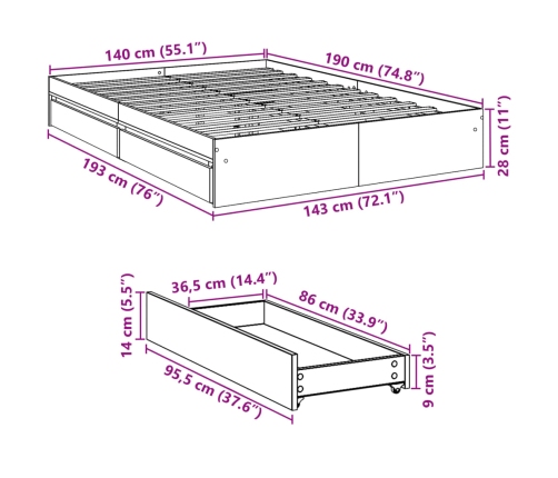 Cama con cajones madera de ingeniería roble ahumado 140x200 cm