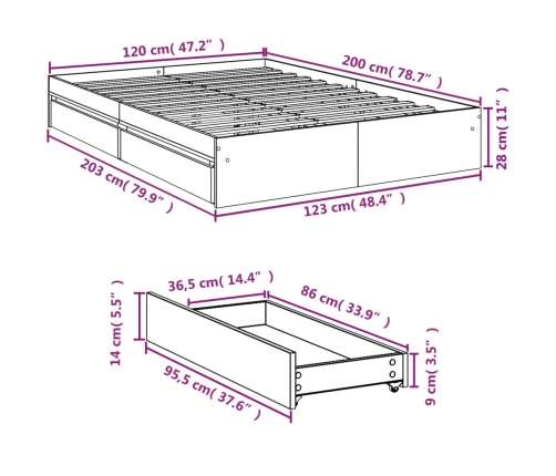 Cama con cajones madera de ingeniería roble ahumado 120x200 cm