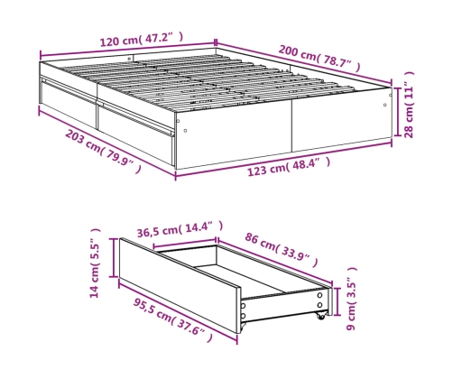 Cama con cajones madera de ingeniería marrón roble 120x200 cm