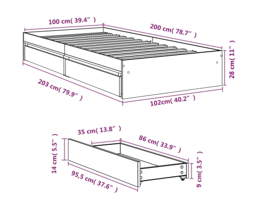 Cama con cajones madera de ingeniería blanco 100x200 cm