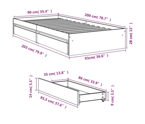 Cama con cajones madera de ingeniería negra 90x200 cm