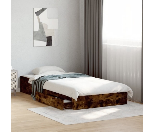 Cama con cajones madera de ingeniería roble ahumado 90x200 cm