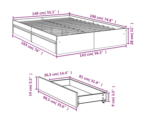 Cama con cajones madera de ingeniería negro 140x190 cm