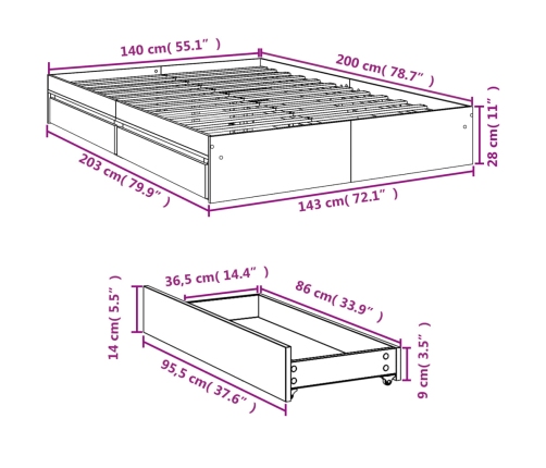 Cama con cajones madera ingeniería gris hormigón 140x190 cm