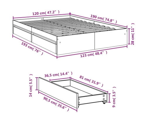 Cama con cajones madera de ingeniería roble ahumado 120x190 cm