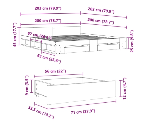 Estructura cama con cajones madera ingeniería negra 200x200 cm