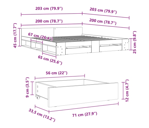 Cama con cajones madera ingeniería marrón roble 200x200 cm