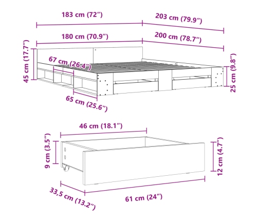 Cama con cajones madera ingeniería roble Sonoma 180x200 cm