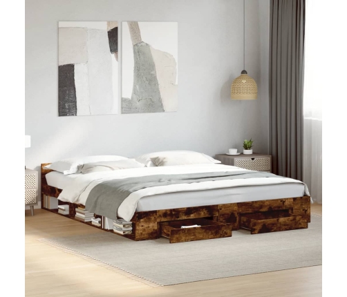 vidaXL Cama con cajones madera de ingeniería roble ahumado 180x200 cm