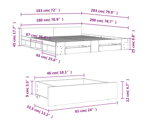 Cama con cajones madera ingeniería gris Sonoma 180x200 cm