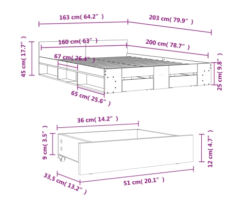 Cama con cajones madera de ingeniería roble ahumado 160x200 cm