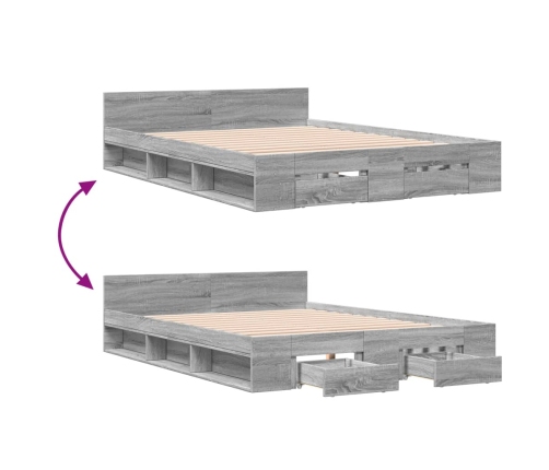 Cama con cajones madera ingeniería gris Sonoma 150x200 cm