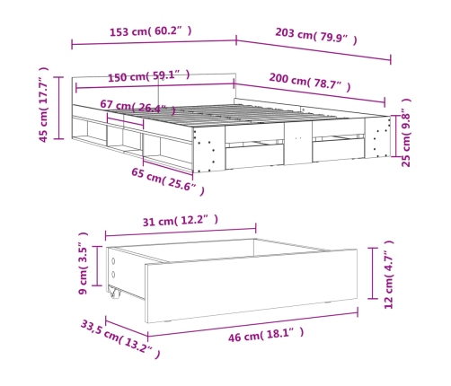 Cama con cajones madera ingeniería gris Sonoma 150x200 cm