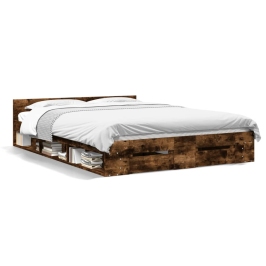 Cama con cajones madera de ingeniería roble ahumado 140x200 cm