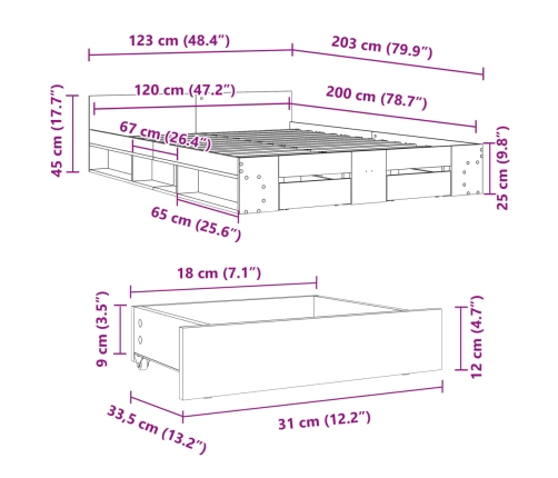 Cama con cajones madera ingeniería roble Sonoma 120x200 cm