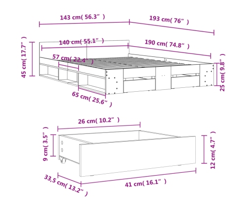 Cama con cajones madera ingeniería gris Sonoma 140x190 cm