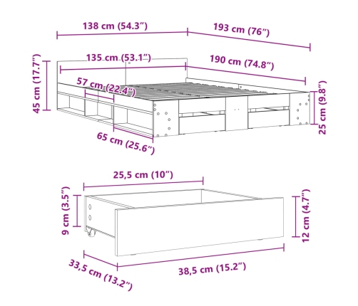 Cama con cajones madera de ingeniería blanco 135x190 cm