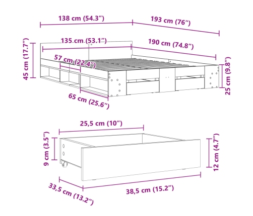 Cama con cajones madera de ingeniería negro 135x190 cm