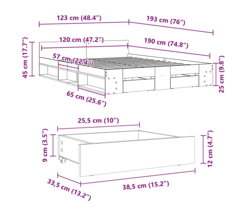 Cama con cajones madera de ingeniería gris hormigón 120x190 cm