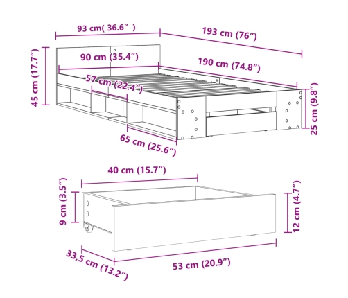 Cama con cajón madera de ingeniería roble Sonoma 90x190 cm