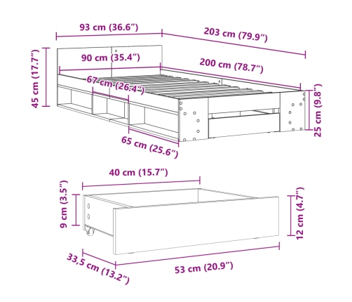 vidaXL Cama con cajón madera de ingeniería gris hormigón 90x200 cm