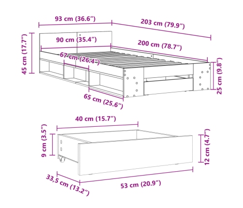 Cama con cajón madera de ingeniería roble ahumado 90x200 cm