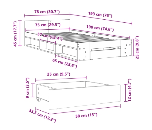 Cama con cajón madera de ingeniería roble Sonoma 75x190 cm