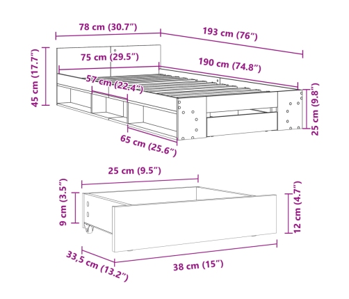 Cama con cajón madera de ingeniería gris hormigón 75x190 cm