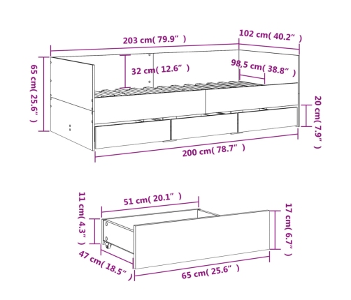 vidaXL Tumbona con cajones madera ingeniería gris Sonoma 100x200 cm