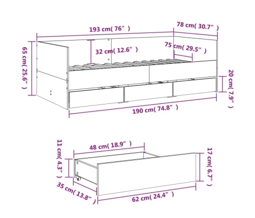 Sofá cama con cajones sin colchón blanco 75x190 cm