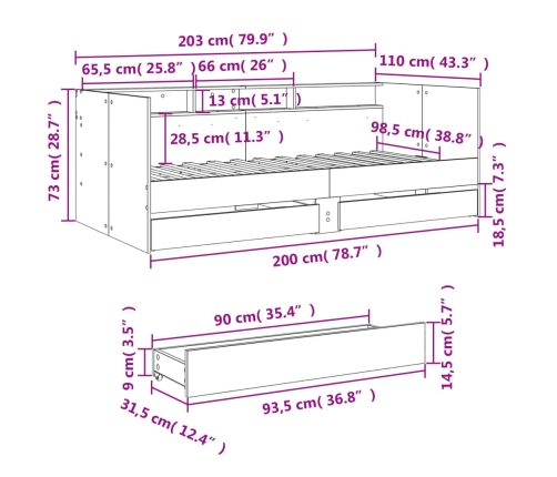 vidaXL Tumbona con cajones madera ingeniería gris hormigón 100x200 cm