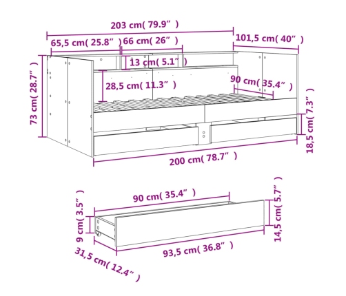 vidaXL Tumbona con cajones madera ingeniería gris hormigón 90x200 cm