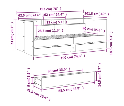 vidaXL Tumbona con cajones madera de ingeniería negro 90x190 cm