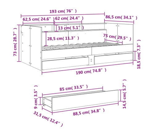 vidaXL Tumbona con cajones madera de ingeniería negro 75x190 cm