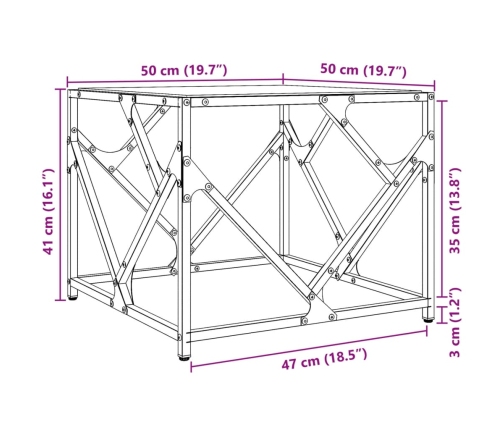 Mesa de centro de acero superficie de vidrio negro 50x50x41 cm