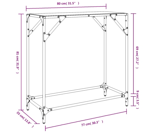 Mesa consola con superficie de vidrio negro acero 60x35x81 cm