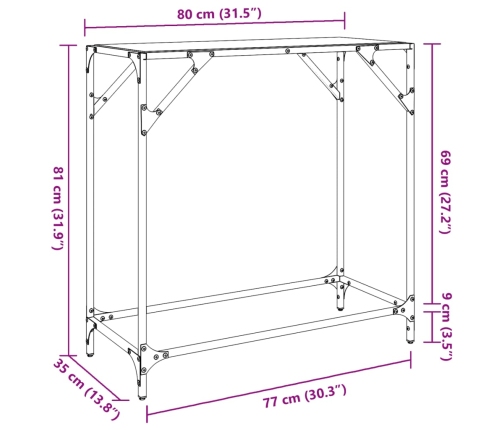 Mesa consola con superficie de vidrio negro acero 80x35x81 cm