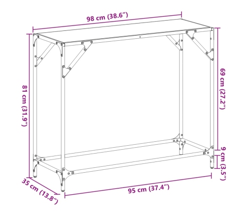 Mesa consola con superficie de vidrio negro acero 98x35x81 cm