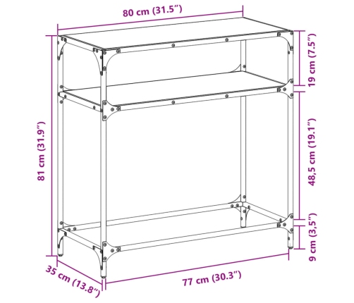 Mesa consola con superficie de vidrio negro acero 80x35x81 cm