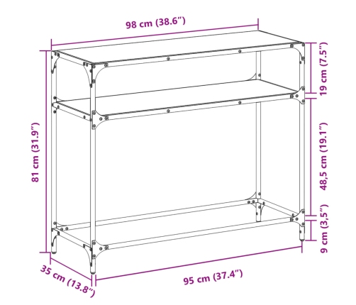 Mesa consola con superficie de vidrio negro acero 98x35x81 cm