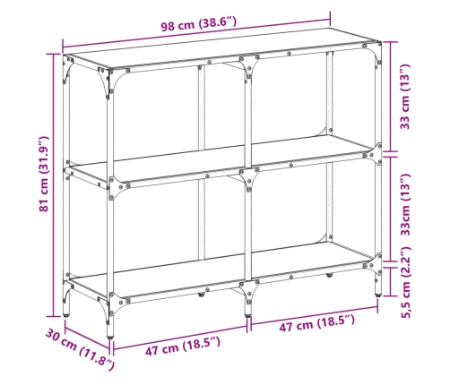 Mesa consola con superficie de vidrio negro acero 98x30x81 cm