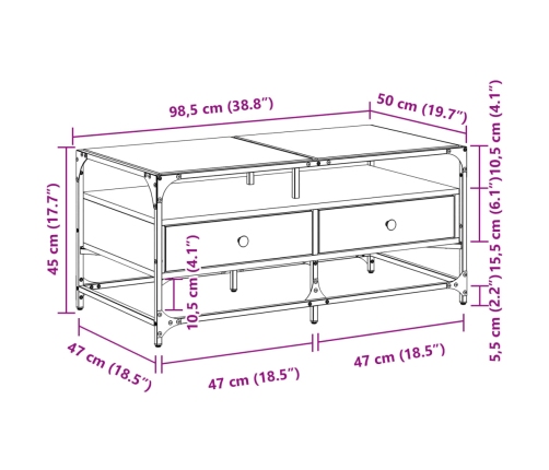 vidaXL Mesa de centro superficie de vidrio acero negro 98,5x50x45 cm