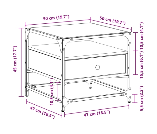 vidaXL Mesa de centro tapa de vidrio acero roble Sonoma 50x50x45 cm