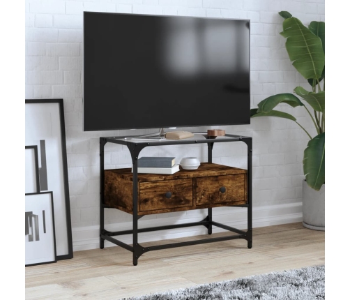 Mueble TV cristal y madera ingeniería roble ahumado 60x35x51 cm