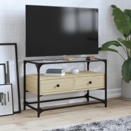 Mueble TV cristal y madera ingeniería roble Sonoma 80x35x51 cm