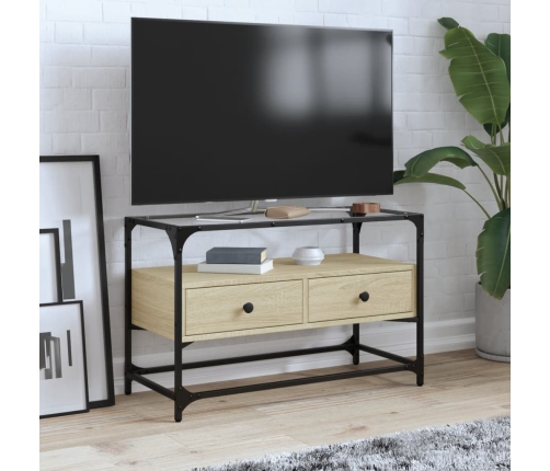 Mueble TV cristal y madera ingeniería roble Sonoma 80x35x51 cm