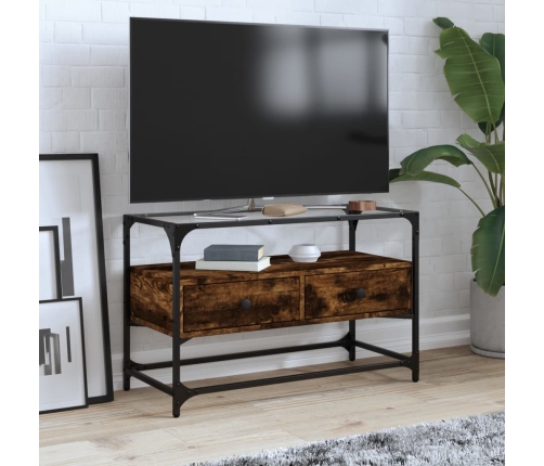 Mueble TV cristal y madera ingeniería roble ahumado 80x35x51 cm