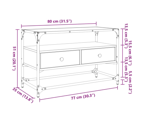 Mueble TV cristal y madera ingeniería marrón roble 80x35x51 cm