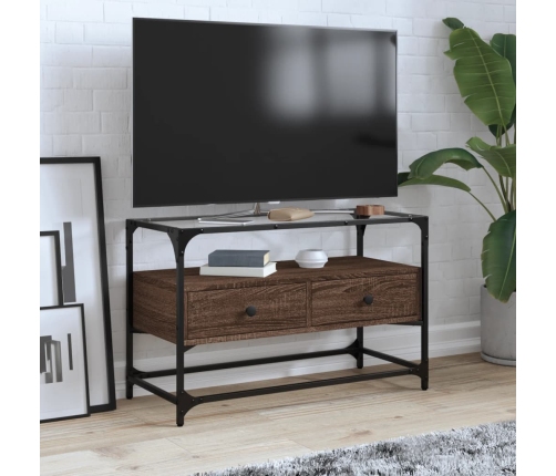 Mueble TV cristal y madera ingeniería marrón roble 80x35x51 cm